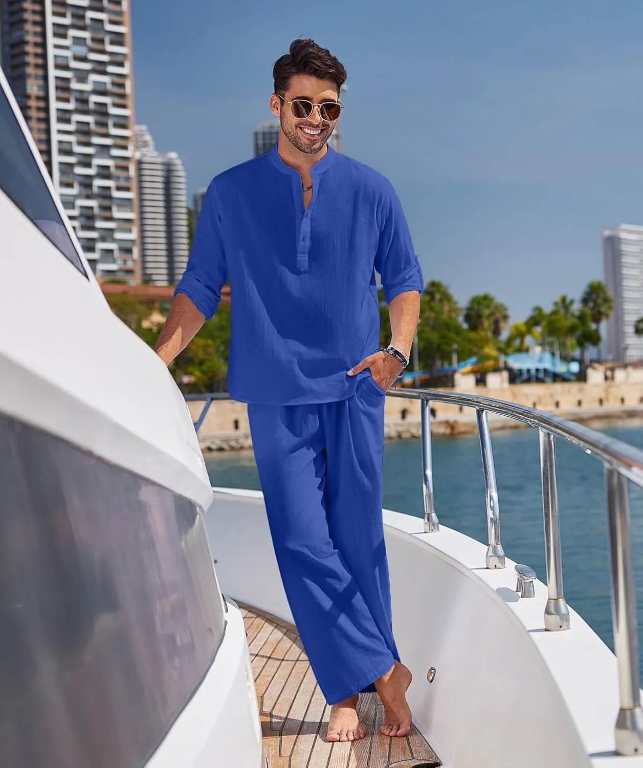 COOFANDY Men's 2 Pieces Cotton Linen Set Long Sleeve Henley Shirts Casual Beach Pants With Pockets Summer Yoga Outfits