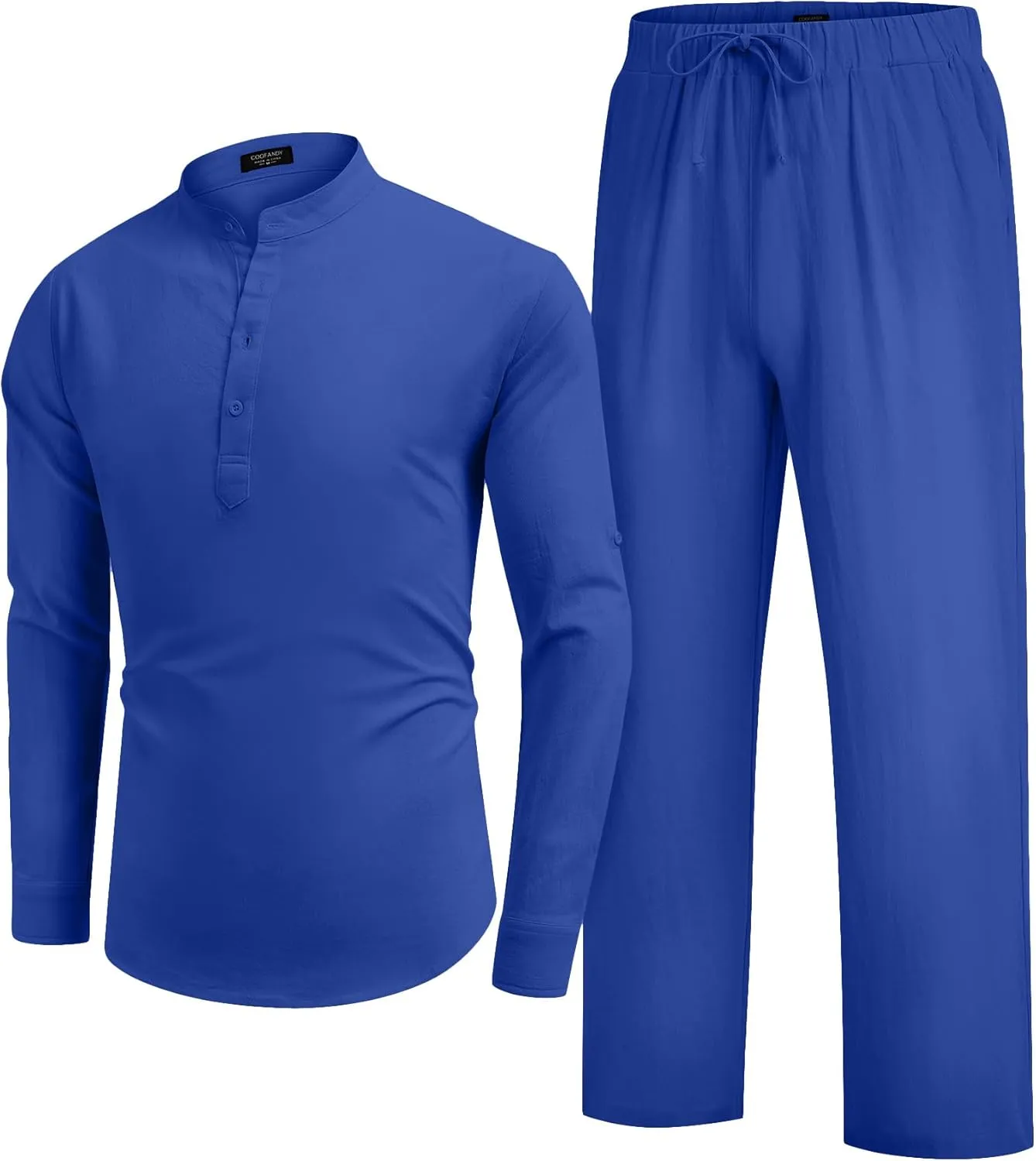 COOFANDY Men's 2 Pieces Cotton Linen Set Long Sleeve Henley Shirts Casual Beach Pants With Pockets Summer Yoga Outfits