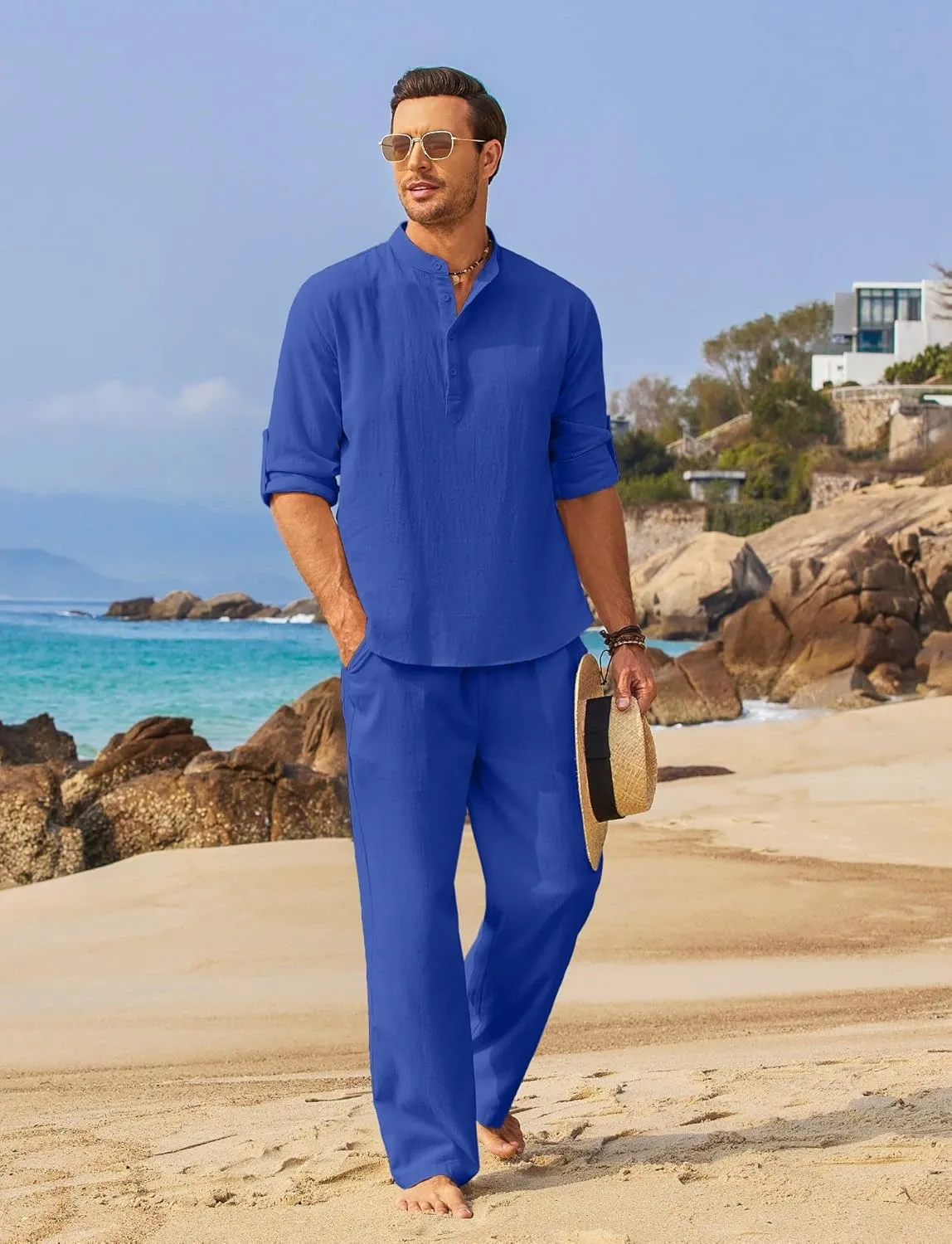COOFANDY Men's 2 Pieces Cotton Linen Set Long Sleeve Henley Shirts Casual Beach Pants With Pockets Summer Yoga Outfits