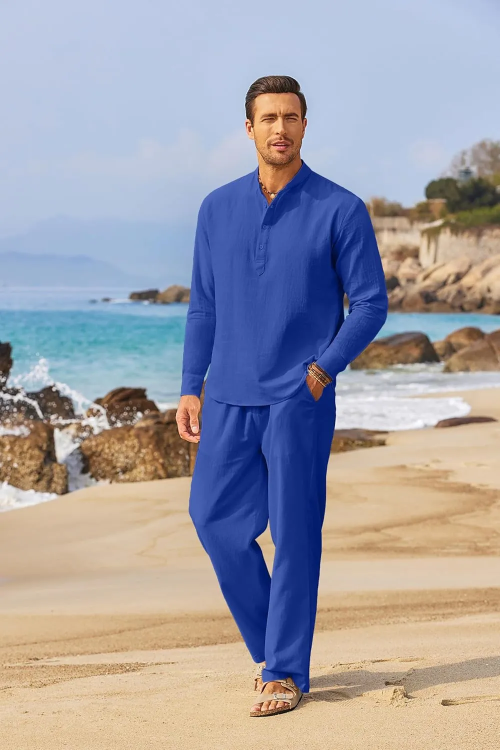 COOFANDY Men's 2 Pieces Cotton Linen Set Long Sleeve Henley Shirts Casual Beach Pants With Pockets Summer Yoga Outfits
