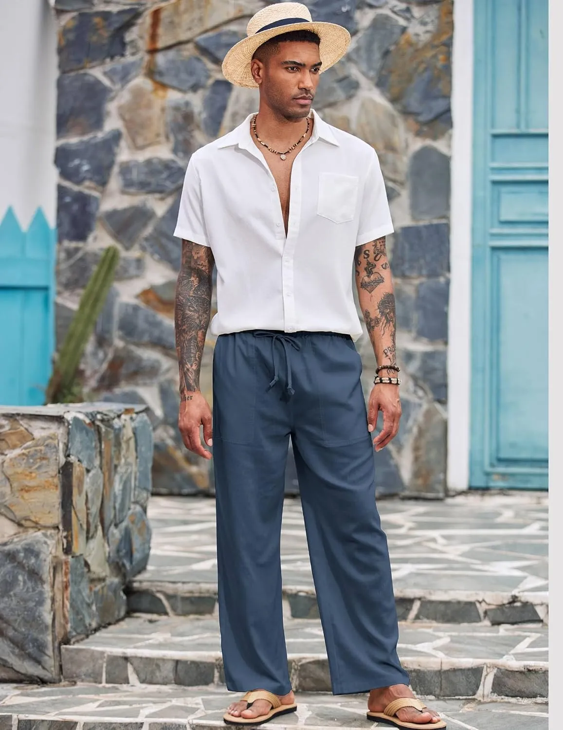 COOFANDY Mens Casual Linen Pants Elastic Waist Linen Pants Drawstring Summer Beach Yoga Linen Trouser