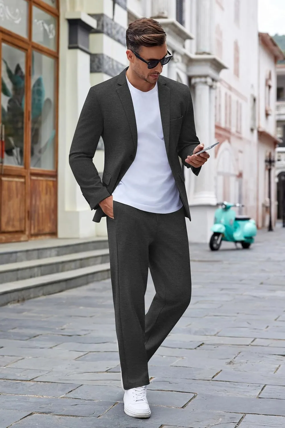 COOFANDY Men's Suits 2 Piece Slim Fit Suit Set 2 Button Lightweight Casual Knit Blazer Suit Jacket Pants