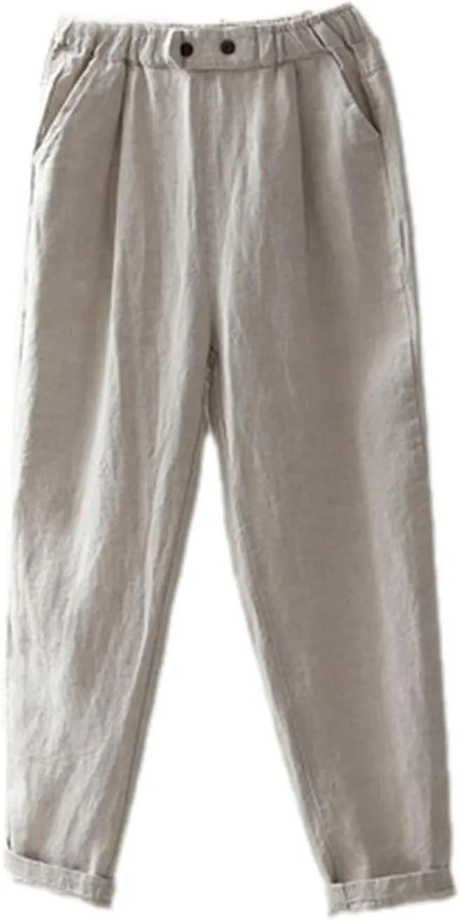 Cotton Linen Pants Women Spring Summer Ankle-Length Trousers Elastic Waist Casual Loose Solid Harem Pants Plus Size