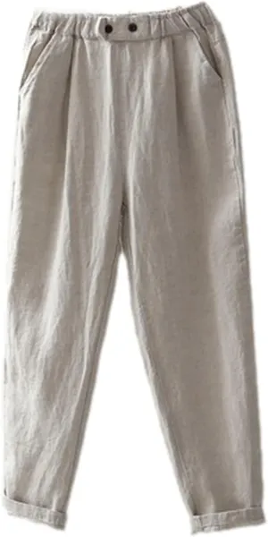 Cotton Linen Pants Women Spring Summer Ankle-Length Trousers Elastic Waist Casual Loose Solid Harem Pants Plus Size