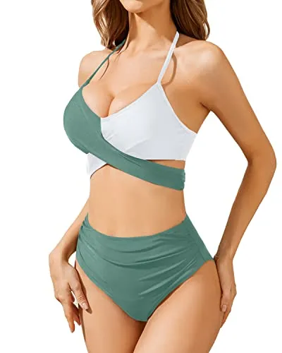 Criss Cross Halter Bikini With Tummy Control Swim Bottom For Ladies-Green