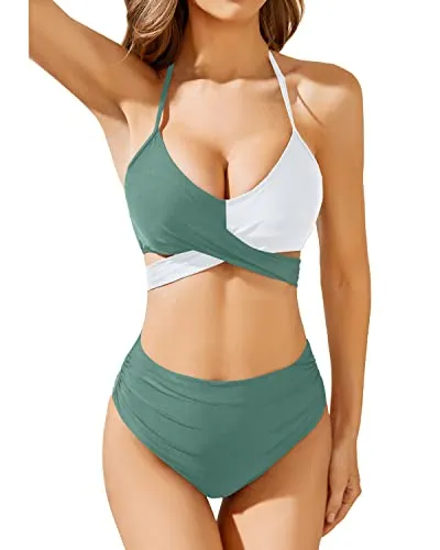 Criss Cross Halter Bikini With Tummy Control Swim Bottom For Ladies-Green