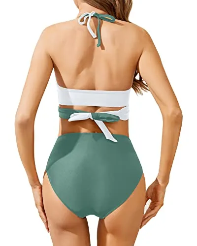 Criss Cross Halter Bikini With Tummy Control Swim Bottom For Ladies-Green