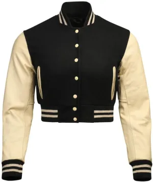 Cropped Varsity Jacket Women - Premium Quality Leather and Wool Baseball Letterman Jacket for Women's, Long Sleeve