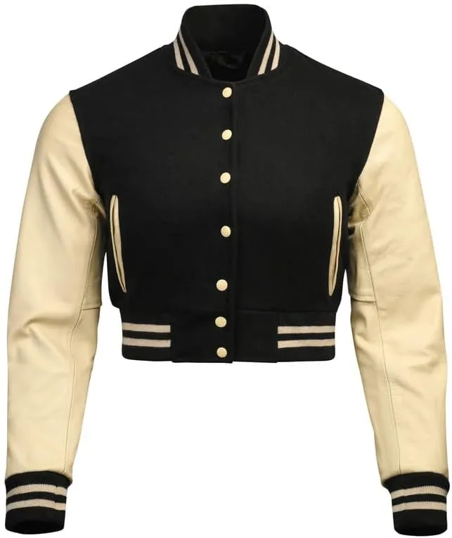 Cropped Varsity Jacket Women - Premium Quality Leather and Wool Baseball Letterman Jacket for Women's, Long Sleeve