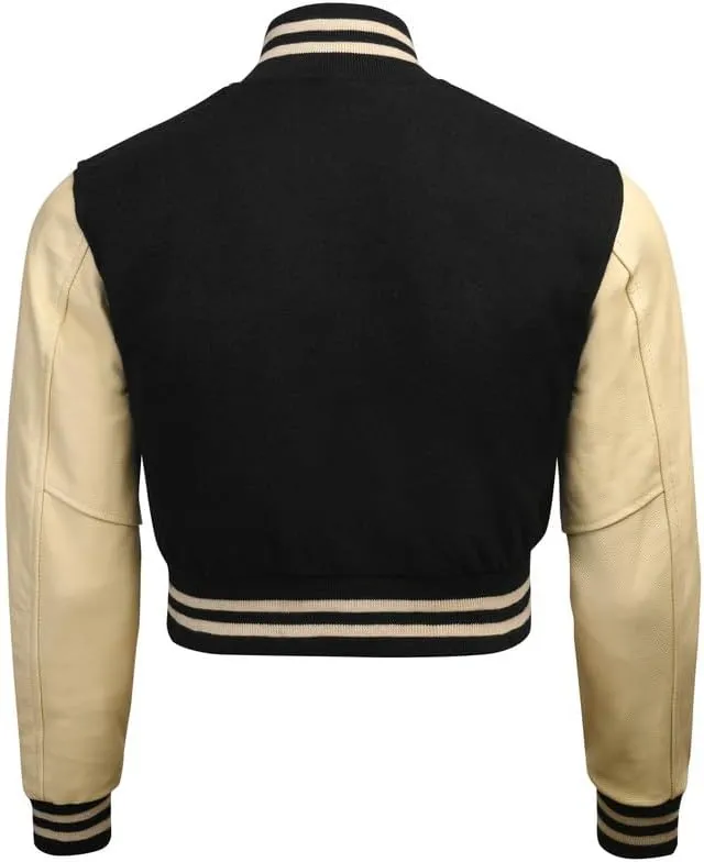 Cropped Varsity Jacket Women - Premium Quality Leather and Wool Baseball Letterman Jacket for Women's, Long Sleeve