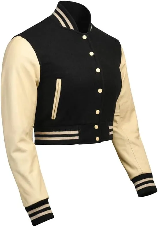 Cropped Varsity Jacket Women - Premium Quality Leather and Wool Baseball Letterman Jacket for Women's, Long Sleeve