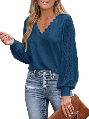 CUPSHE Long Sleeve Tops for Women Eyelet Scalloped Lace V Neck Blouse Casual Loose Fashion Shirts