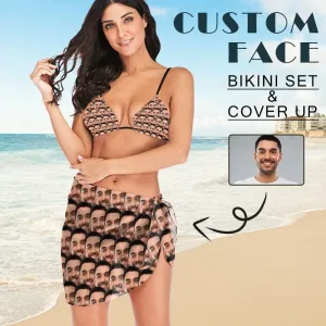 Custom Face Seamless Swim Bikini & Coverup Personalized Bathing Suit And Short Sarongs Beach Wrap For Women
