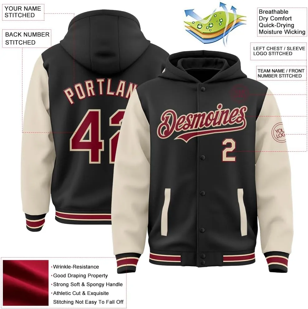 Custom Varsity Hoodie Jackets Cotton Blend Letterman Baseball Leather & Polyester Sleeve Jacket Full Snap Coats