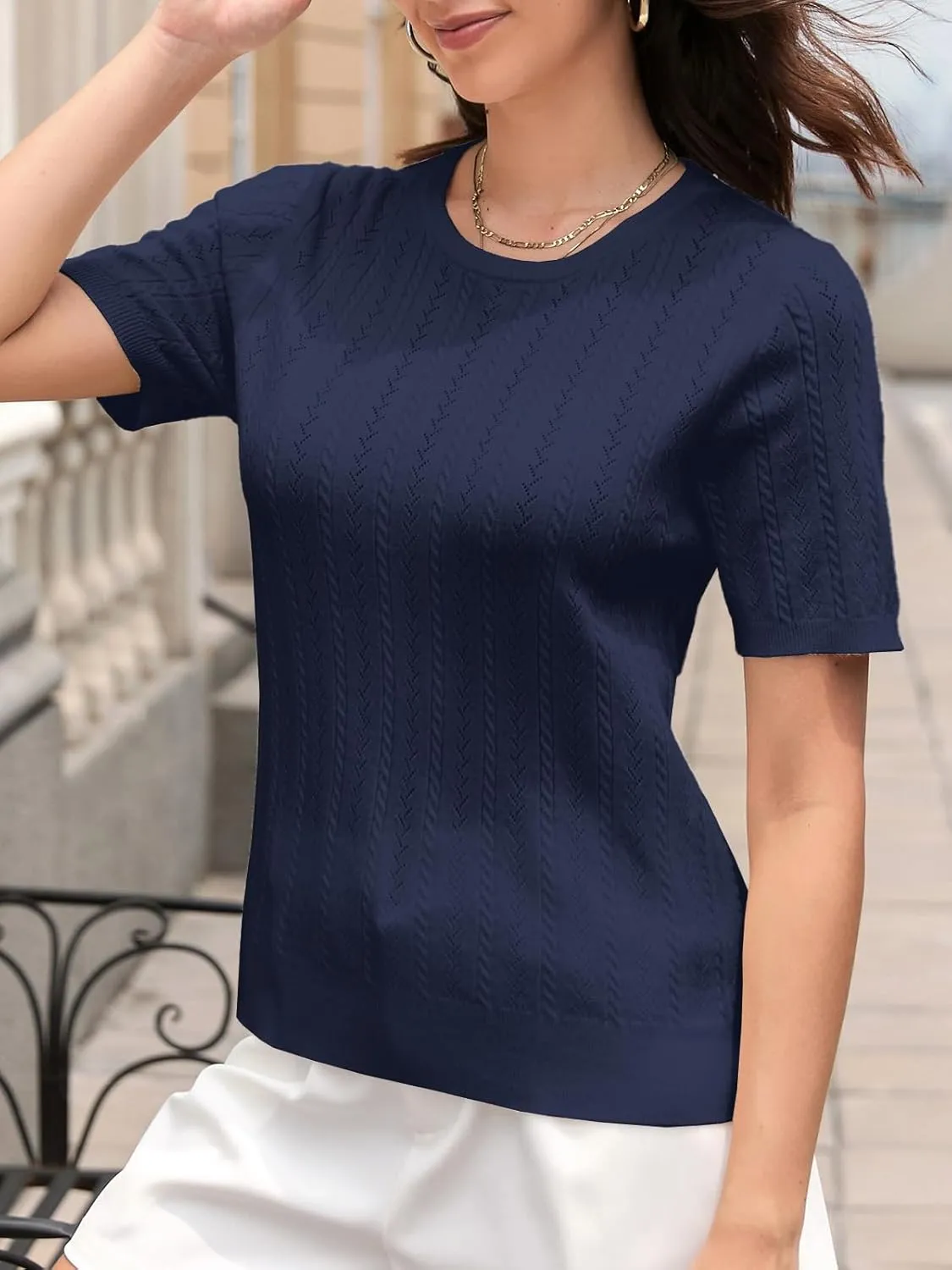DAIMIDY Women's Short Sleeve Sweaters Hollow Out Summer Sweater Lightweight Cable Knit Pullover Tops
