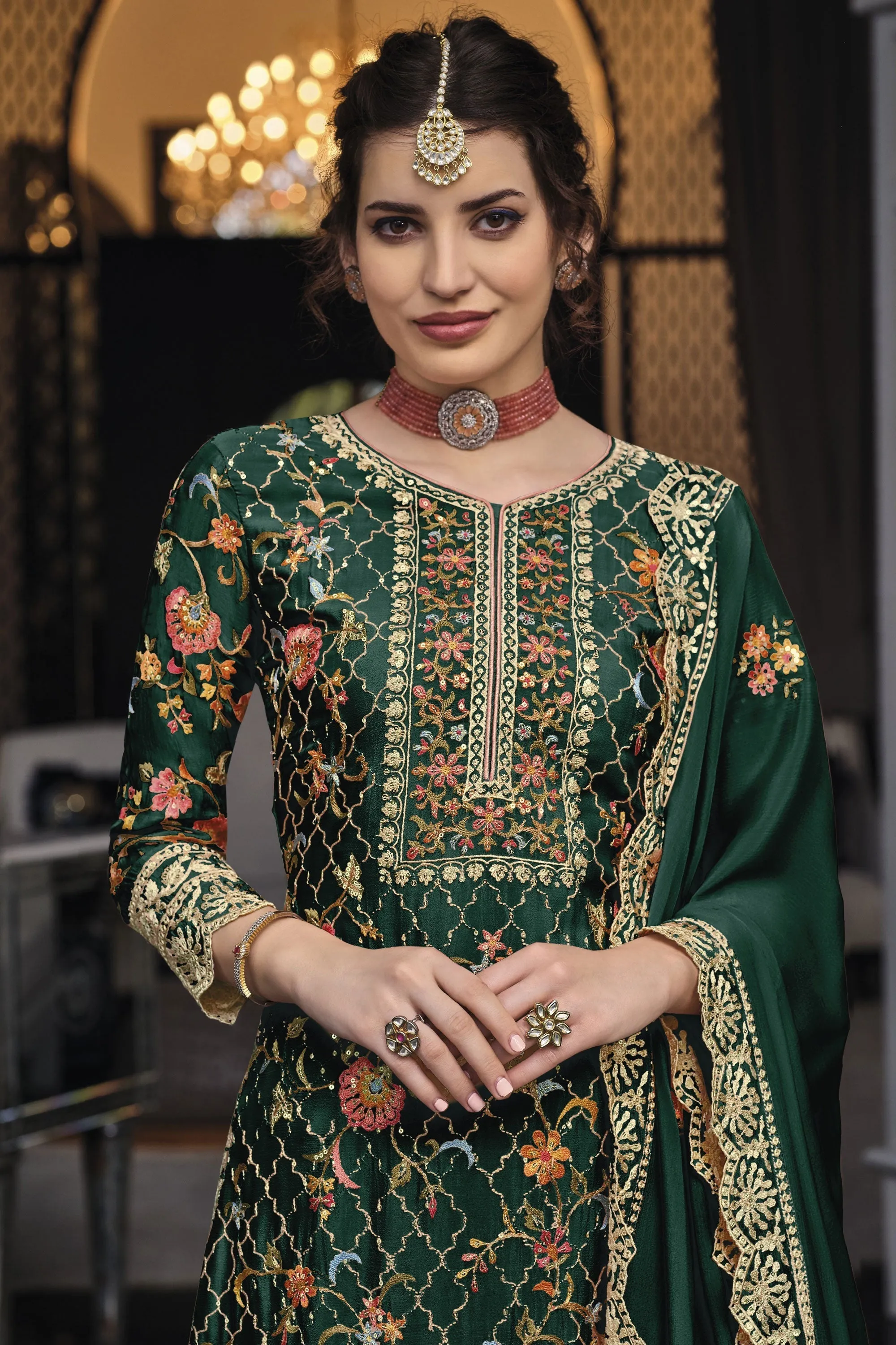 Dark Green Color Art Silk Fabric Enticing Festive Look Palazzo Suit