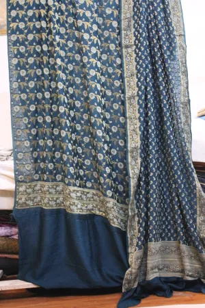 Dark Greyish Blue Luxurious Handloom Banarasi Dress Material - Buy Now!