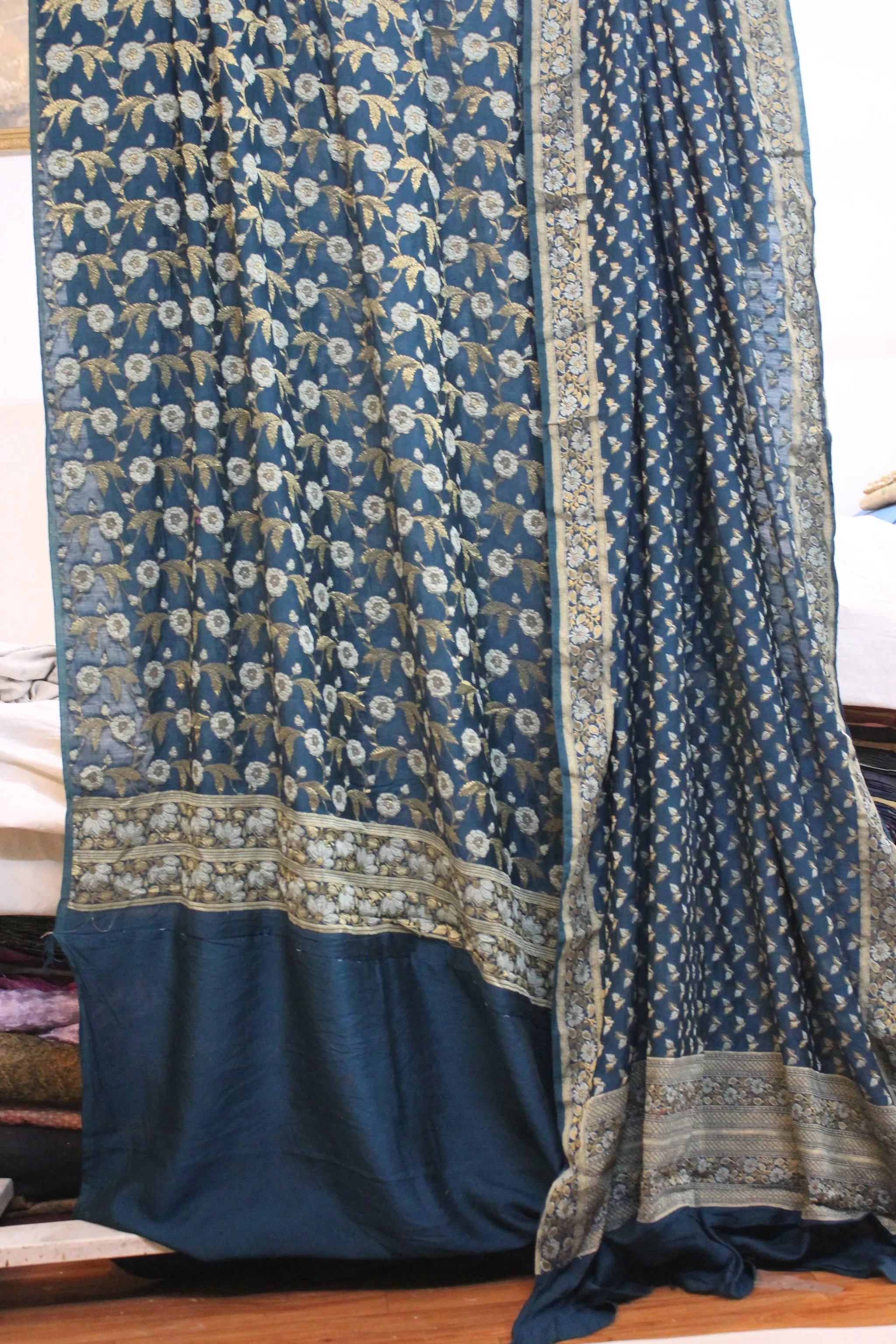 Dark Greyish Blue Luxurious Handloom Banarasi Dress Material - Buy Now!
