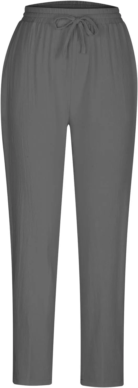 DASAYO Linen Pants Women Summer Drawstring Elastic Waist Ankle Length Tapered Pants with Pockets Comfy Casual Beach Trousers