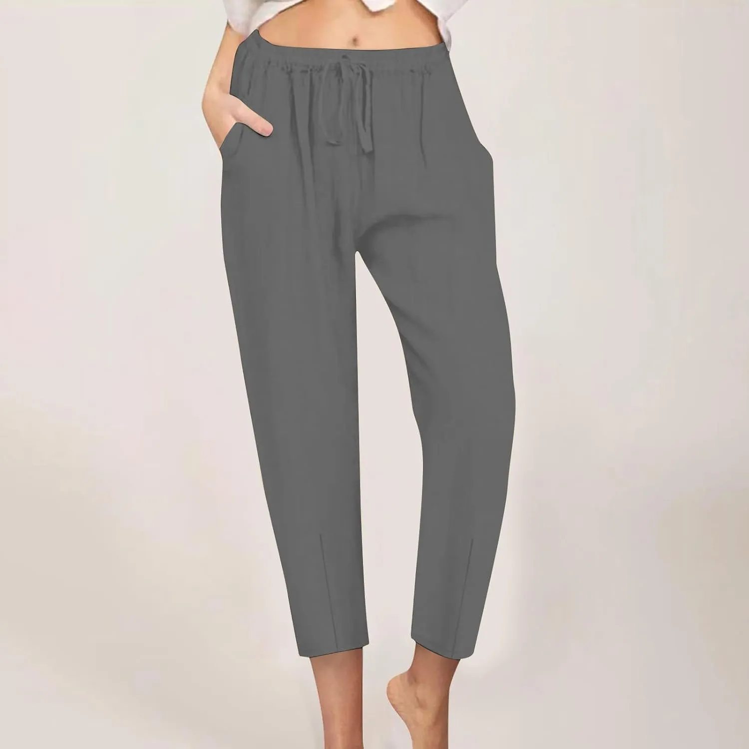 DASAYO Linen Pants Women Summer Drawstring Elastic Waist Ankle Length Tapered Pants with Pockets Comfy Casual Beach Trousers