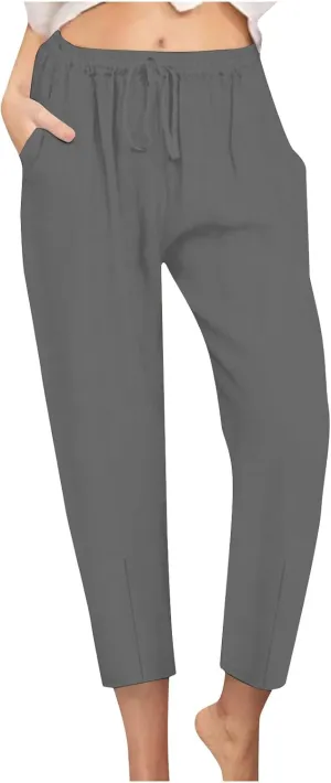 DASAYO Linen Pants Women Summer Drawstring Elastic Waist Ankle Length Tapered Pants with Pockets Comfy Casual Beach Trousers