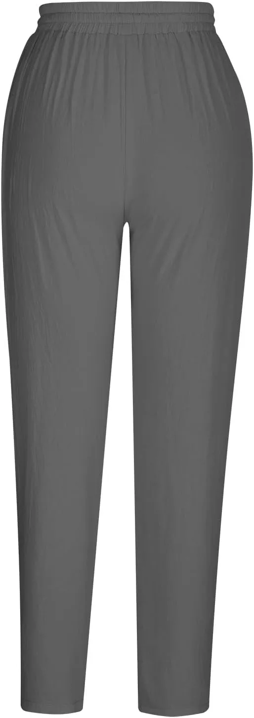 DASAYO Linen Pants Women Summer Drawstring Elastic Waist Ankle Length Tapered Pants with Pockets Comfy Casual Beach Trousers