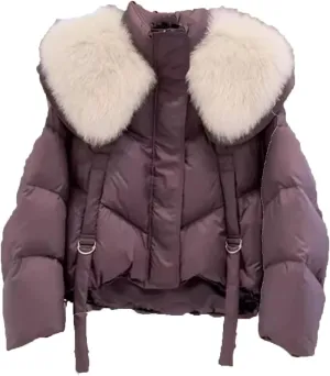 Dcvmvmn Women's Casual Thick Warm Short Puffer Parkas Coat with Hood and Pile Collar Cotton-Padded Parka Purple