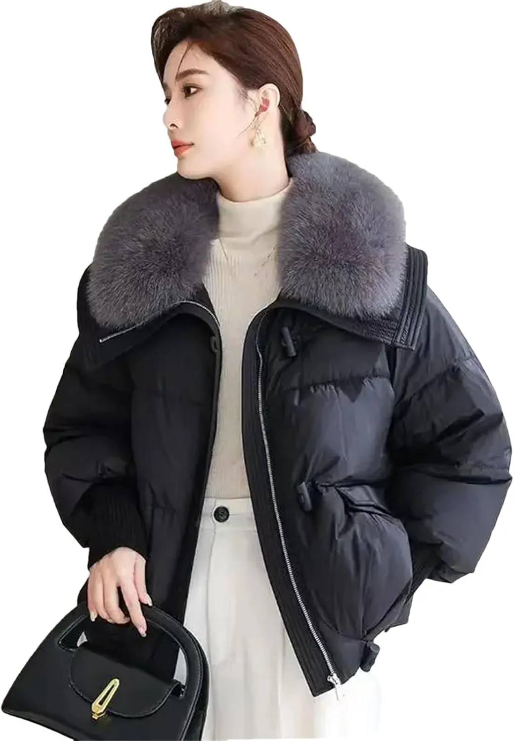 Dcvmvmn Women's Down Cotton-Padded Jacket Thicke Warm Short Overcoat Loose Stitching Cotton Parka Coat Black