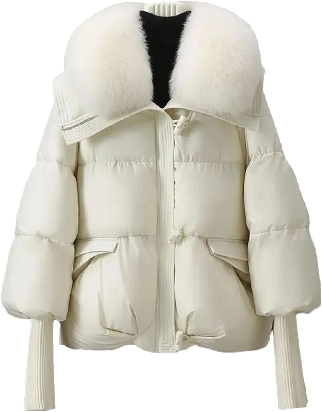 Dcvmvmn Women's Down Cotton-Padded Jacket Thicke Warm Short Overcoat Loose Stitching Cotton Parka Coat Creamy-White