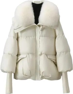 Dcvmvmn Women's Down Cotton-Padded Jacket Thicke Warm Short Overcoat Loose Stitching Cotton Parka Coat Creamy-White
