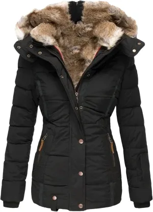 Dcvmvmn Women's Down Cotton Padded Jacket Winter Warm Wool Collar Cotton Coat Slim Fit Hooded Outwear Black