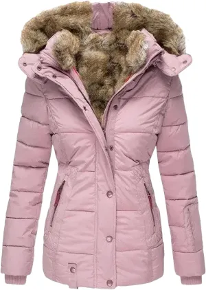 Dcvmvmn Women's Down Cotton Padded Jacket Winter Warm Wool Collar Cotton Coat Slim Fit Hooded Outwear