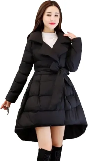Dcvmvmn Women's Long Cotton Jackets Winter Warm Padded Parkas Coat with Belt Puffer Dress Outerwear Black