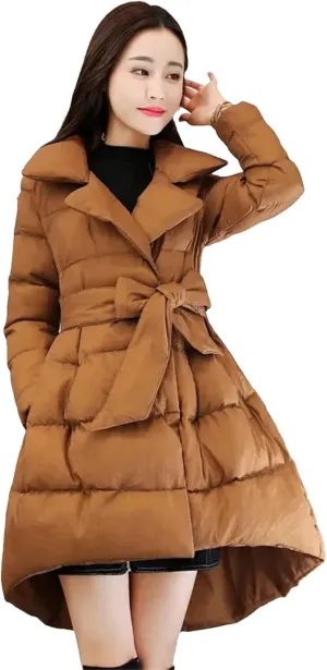 Dcvmvmn Women's Long Cotton Jackets Winter Warm Padded Parkas Coat with Belt Puffer Dress Outerwear Caramel