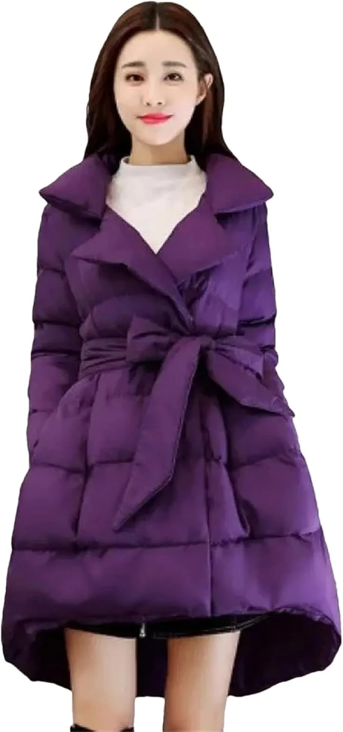 Dcvmvmn Women's Long Cotton Jackets Winter Warm Padded Parkas Coat with Belt Puffer Dress Outerwear Purple