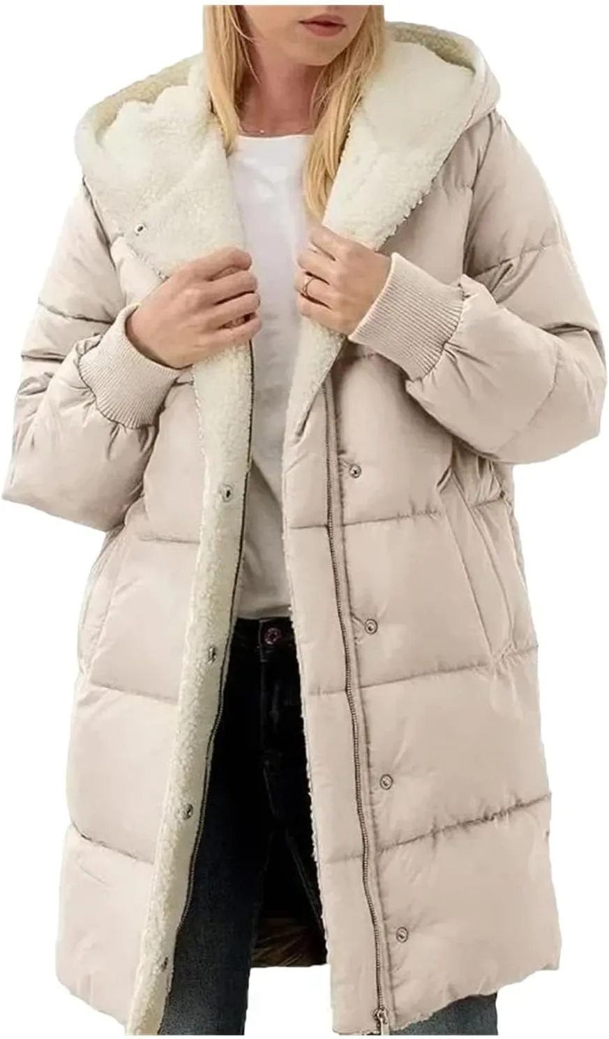 Dcvmvmn Women's Long-Sleeved Cotton-Padded Jackets Double-Sided Fleece Fleece Parkas Winter Hooded Slim-Fit Coats Apricot