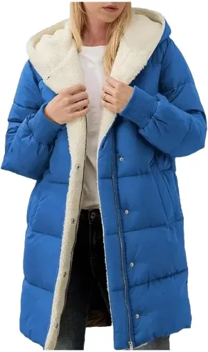 Dcvmvmn Women's Long-Sleeved Cotton-Padded Jackets Double-Sided Fleece Fleece Parkas Winter Hooded Slim-Fit Coats Blue