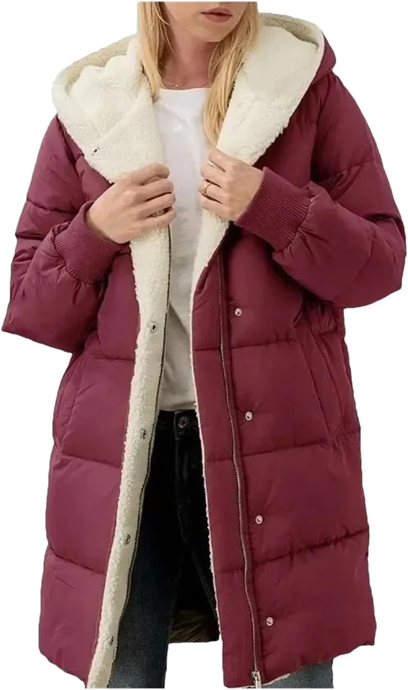 Dcvmvmn Women's Long-Sleeved Cotton-Padded Jackets Double-Sided Fleece Fleece Parkas Winter Hooded Slim-Fit Coats Burgundy