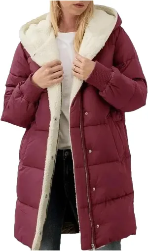 Dcvmvmn Women's Long-Sleeved Cotton-Padded Jackets Double-Sided Fleece Fleece Parkas Winter Hooded Slim-Fit Coats Burgundy