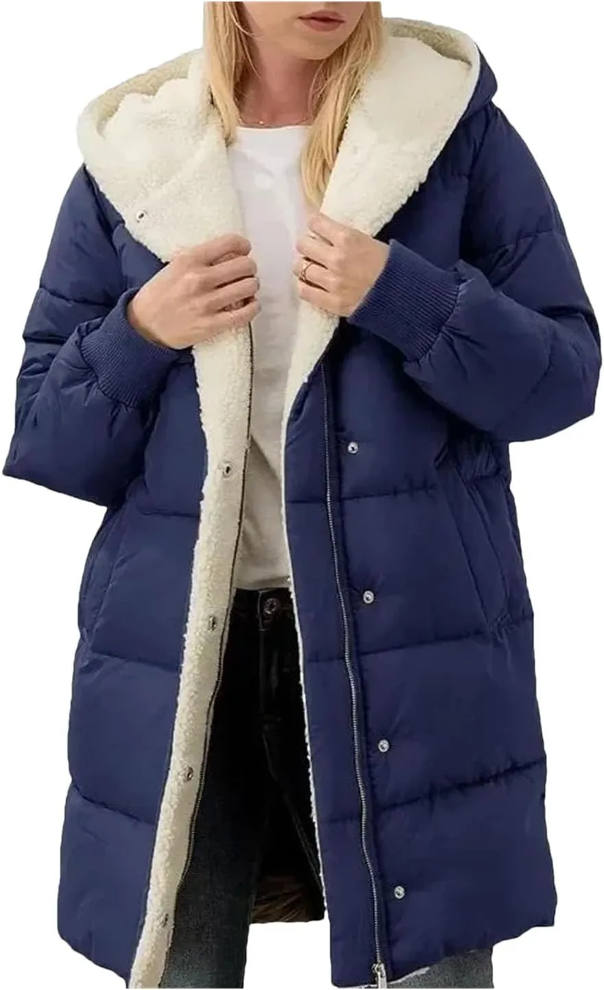 Dcvmvmn Women's Long-Sleeved Cotton-Padded Jackets Double-Sided Fleece Fleece Parkas Winter Hooded Slim-Fit Coats Navy