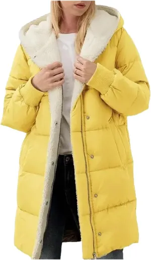 Dcvmvmn Women's Long-Sleeved Cotton-Padded Jackets Double-Sided Fleece Fleece Parkas Winter Hooded Slim-Fit Coats Yellow
