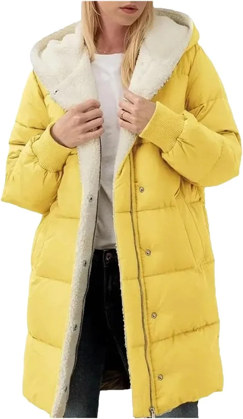 Dcvmvmn Women's Long-Sleeved Cotton-Padded Jackets Double-Sided Fleece Fleece Parkas Winter Hooded Slim-Fit Coats Yellow