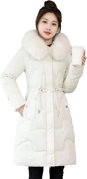 Dcvmvmn Women's Mid-Length Down Cotton Jacket Winter Thick Warm Hooded Parkas Coat Slim Snow Padded Overwear