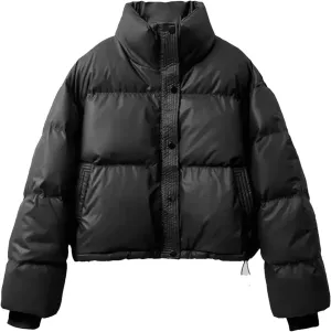 Dcvmvmn Women's PU Leather Down Cotton-Padded Jacket Thickened Stand-Collar Short Parkas Coat Warm Cotton Outwear Black