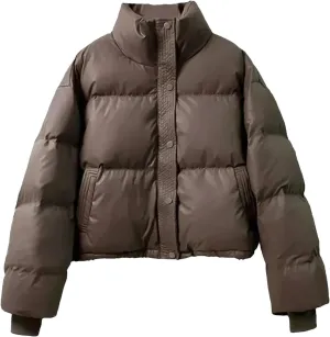 Dcvmvmn Women's PU Leather Down Cotton-Padded Jacket Thickened Stand-Collar Short Parkas Coat Warm Cotton Outwear Brown