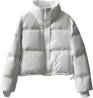 Dcvmvmn Women's PU Leather Down Cotton-Padded Jacket Thickened Stand-Collar Short Parkas Coat Warm Cotton Outwear White