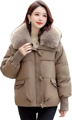 Dcvmvmn Women's Short Down Padded Jacket Cropped Puffer Quilted Thick Parkas Coats Casual Cotton Outerwear Khaki