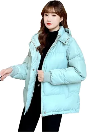 Dcvmvmn Women's Warm Down Jacket Winter Hooded Short Cotton Padded Outwear Female Loose Thicken Coat Sky Blue