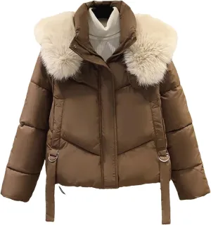 Dcvmvmn Women's Warm Hooded Parka Coat Female Thicke Warm Short Down Cotton Jacket Cropped Puffer Overwear Coffee