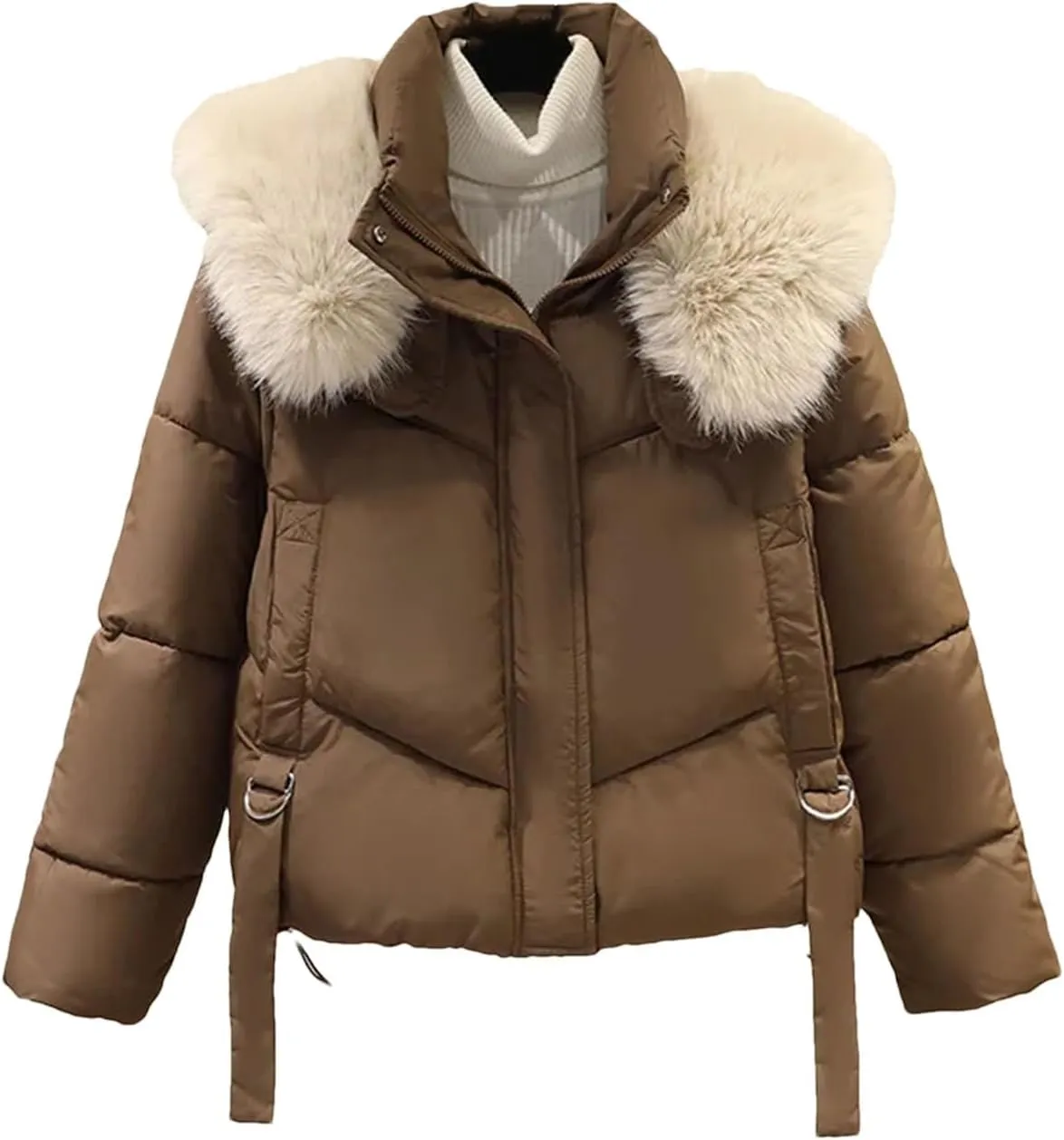 Dcvmvmn Women's Warm Hooded Parka Coat Female Thicke Warm Short Down Cotton Jacket Cropped Puffer Overwear Coffee